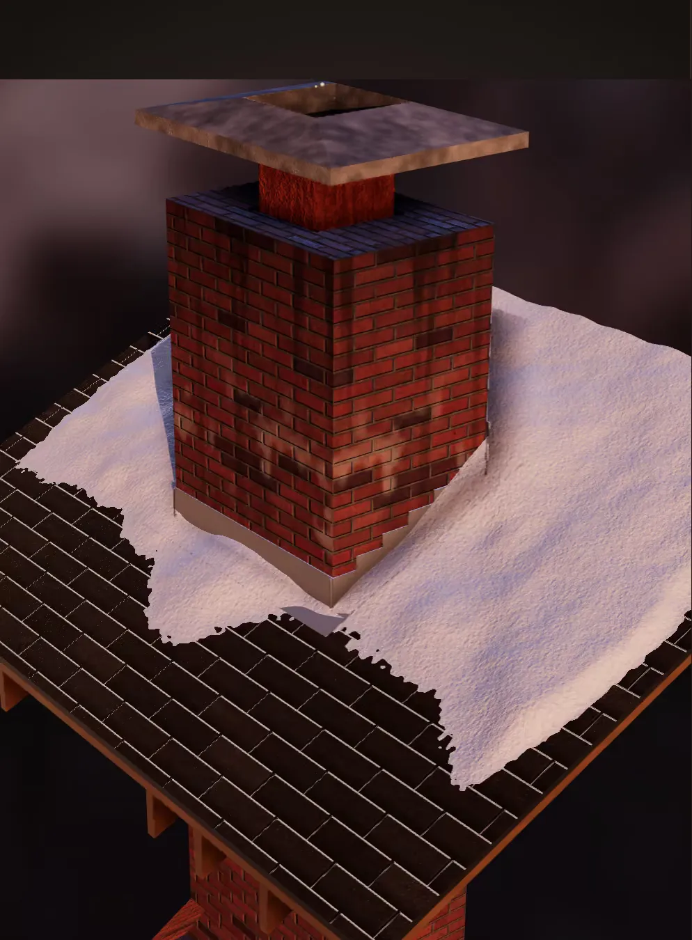 An illustration of the chimney where it meets a snow-covered roof